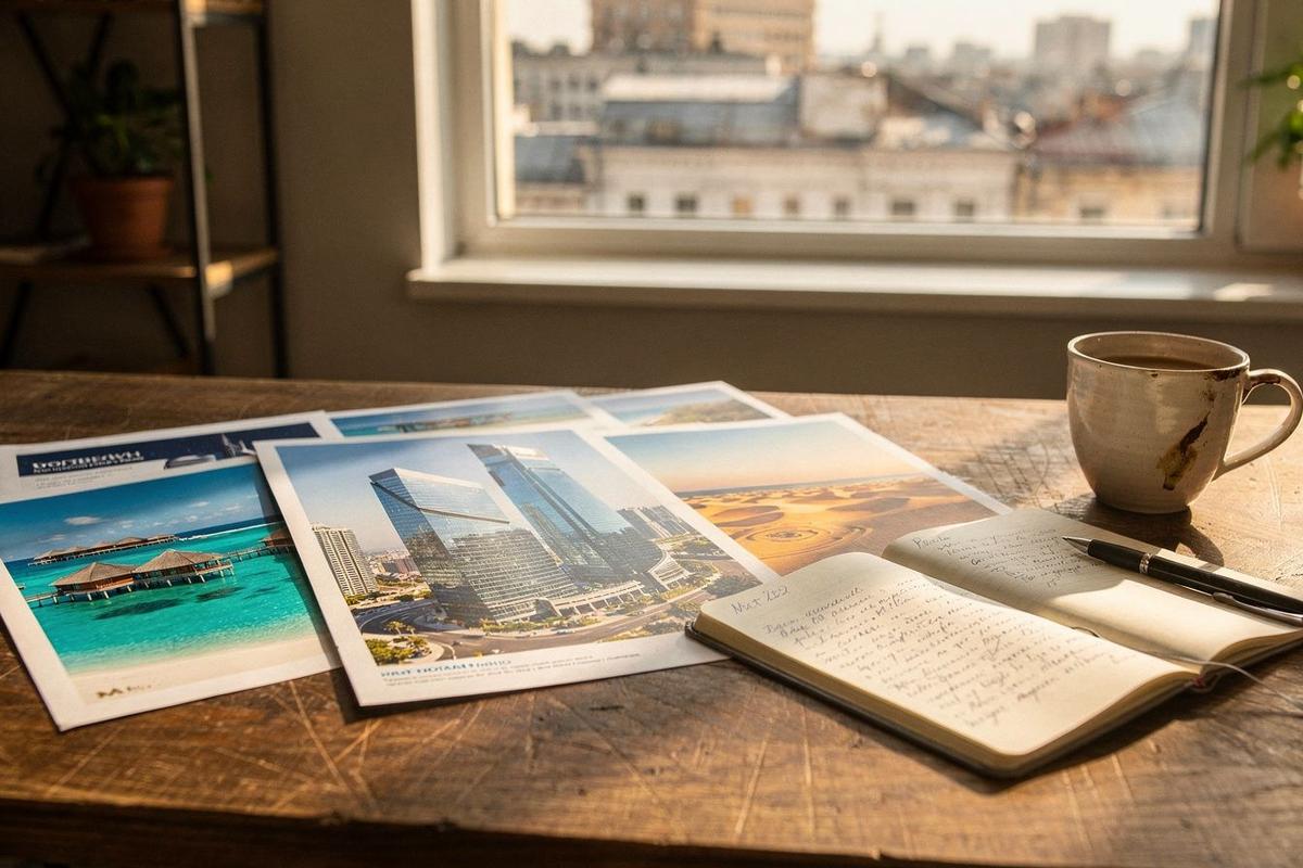 Consultant desk at the tunevaultra.com Kyiv office with Maldives and UAE destination brochures