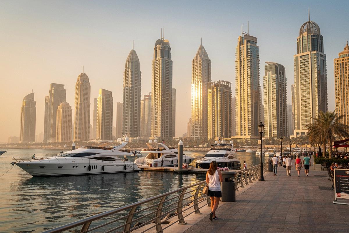 Skyline and waterfront at Dubai Marina
