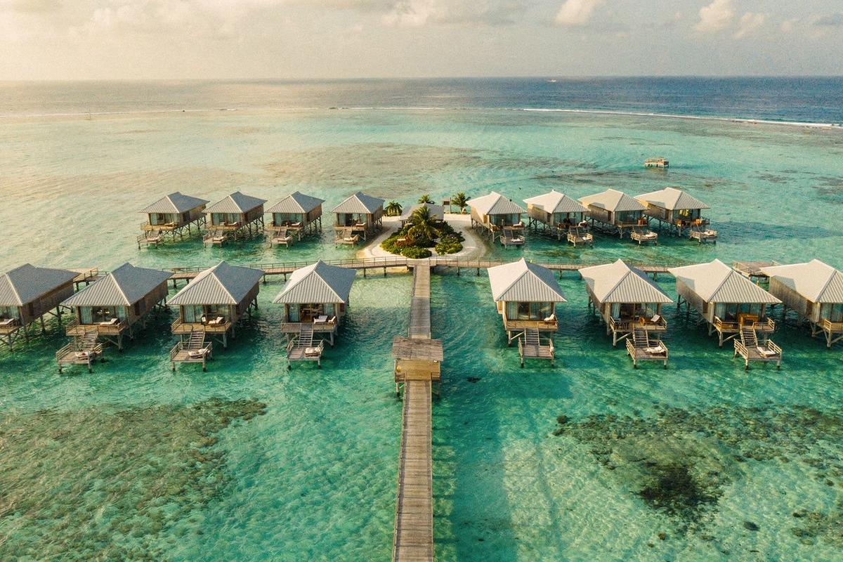 Aerial view of overwater villas at North Male Atoll, Maldives