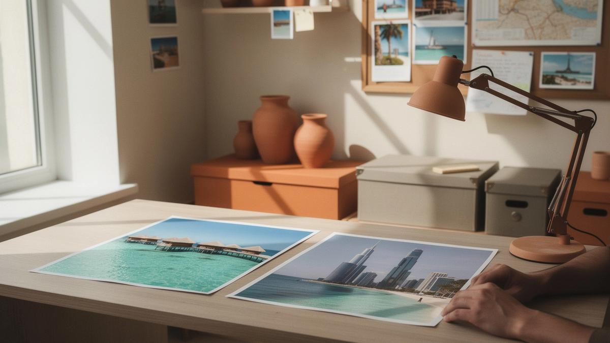 Travel planning studio in Kyiv with Maldives and UAE destination materials